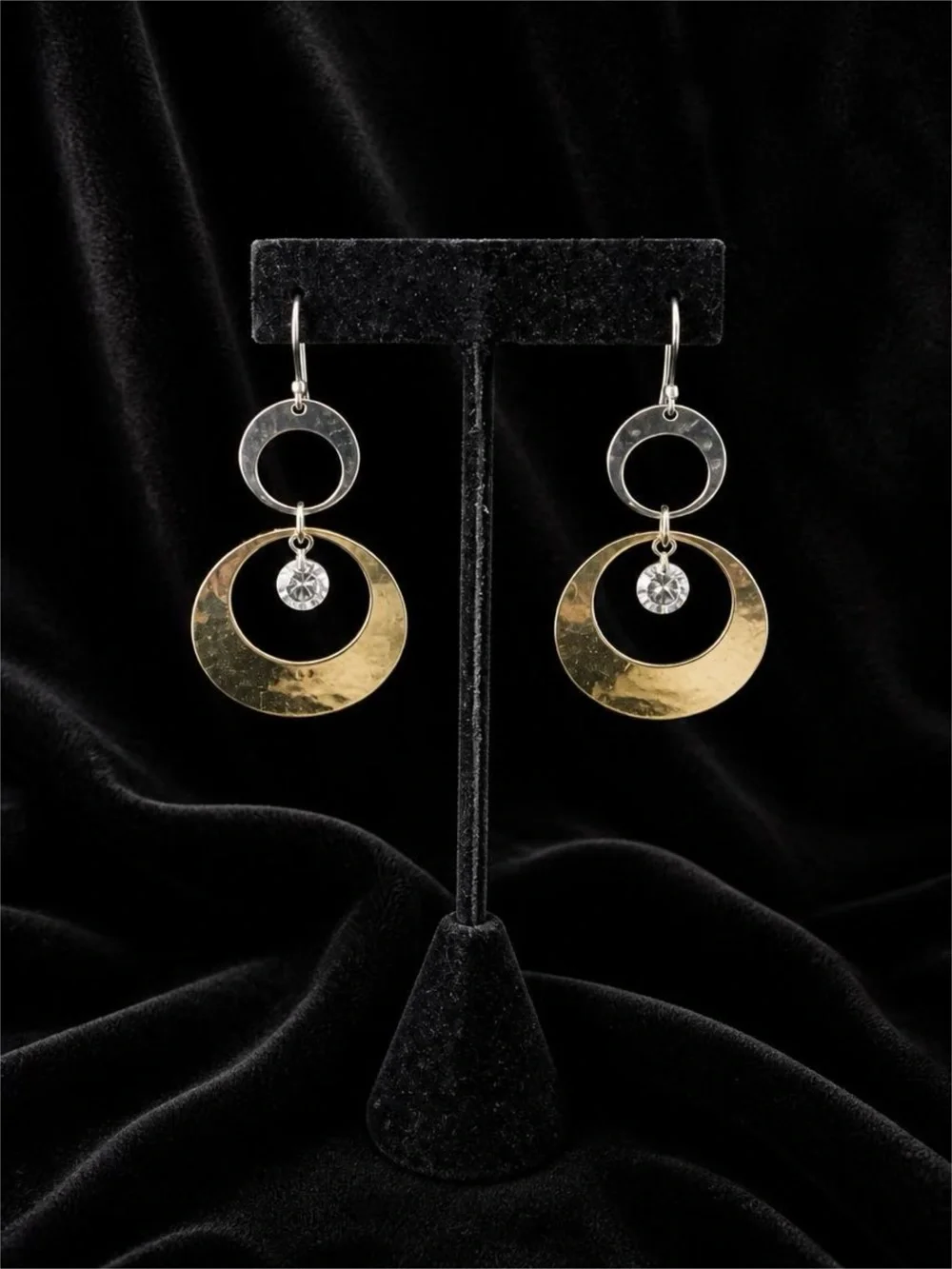 Fashion Jewelry Dangle Earrings with Gold and Silver Circles and Rhinestones